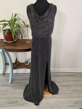 Jackie Jon Elegant Black Sparkle Evening Flowy Gown with Swag Neckline Size 18